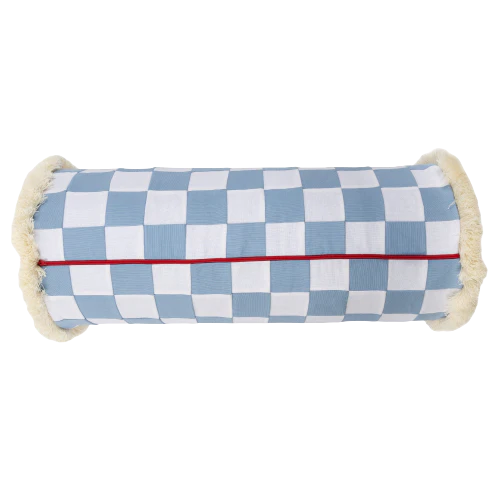 Beach Blue and White Checkerboard Bolster with Cream Fringe