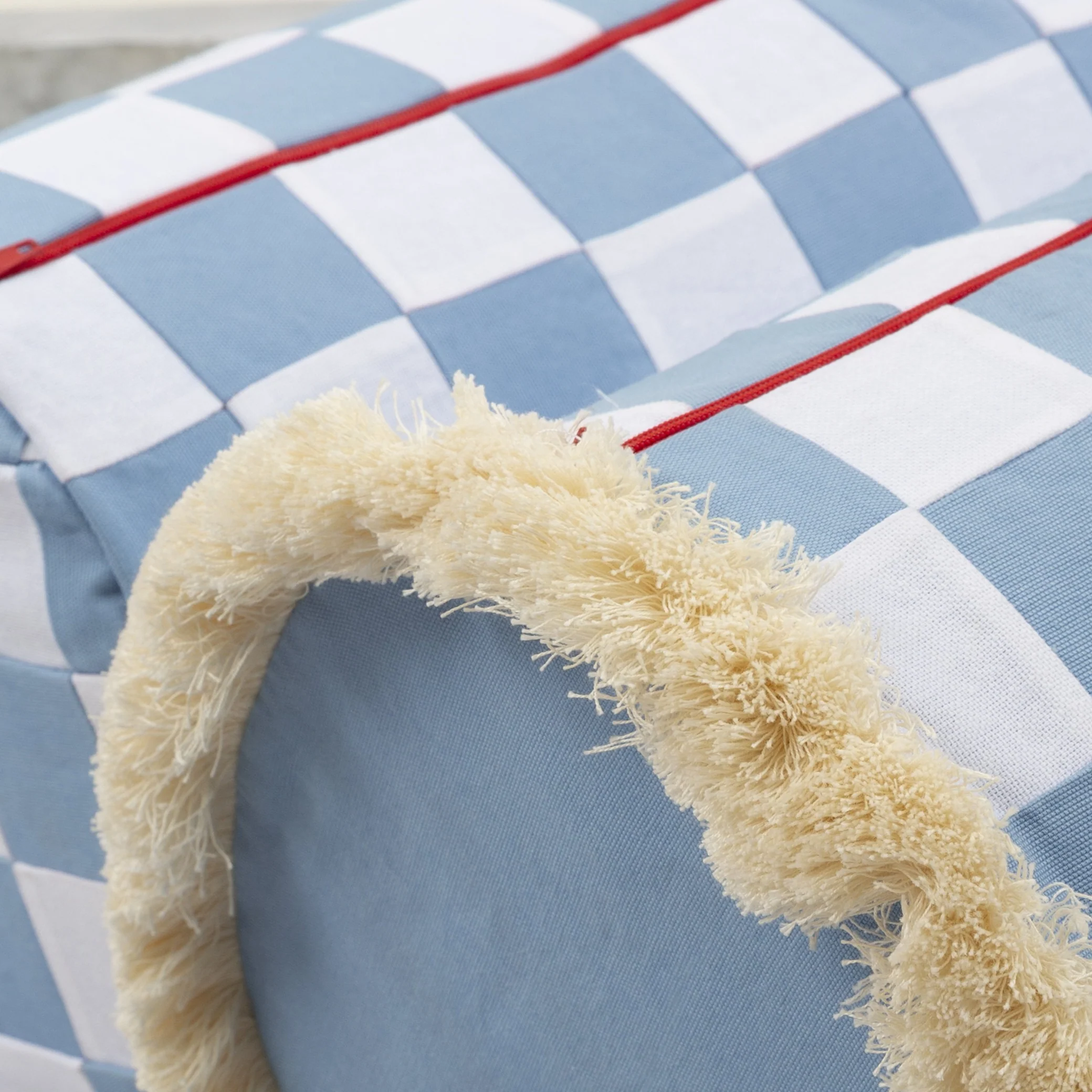 Beach Blue and White Checkerboard Bolster with Cream Fringe - Image 3